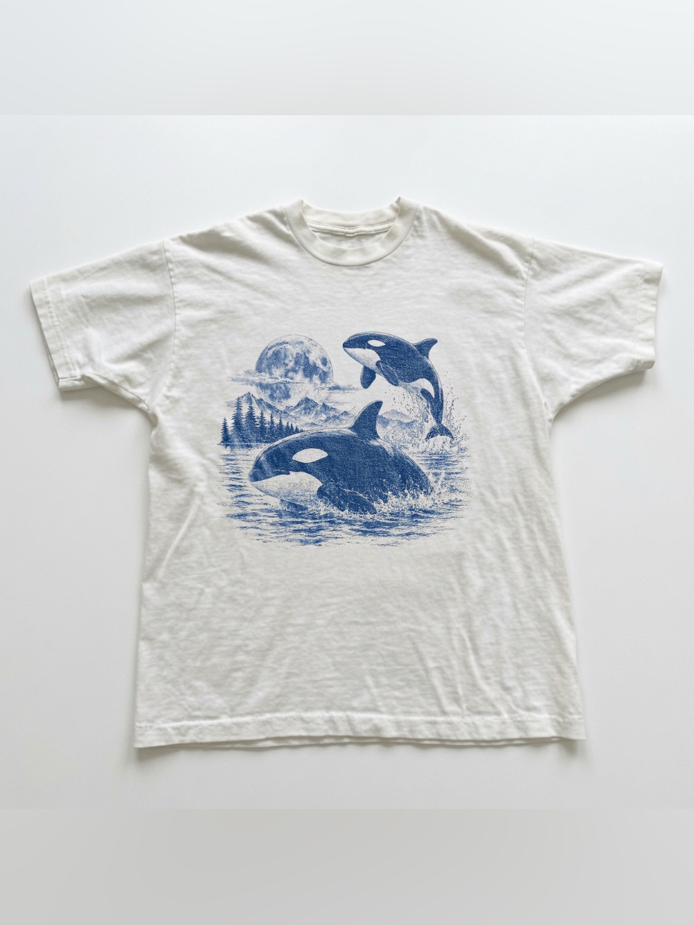 Old School Orca Graphic Tee Moonlit Ocean Animal Shirt Retro Coastal Nature Tee - Picture 1 of 7